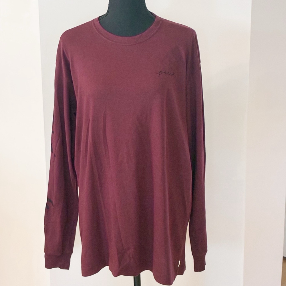 PINK Victoria’s Secret Maroon Long Sleeve T-shirt Oversized Relaxed Fit, Size M - Picture 5 of 15